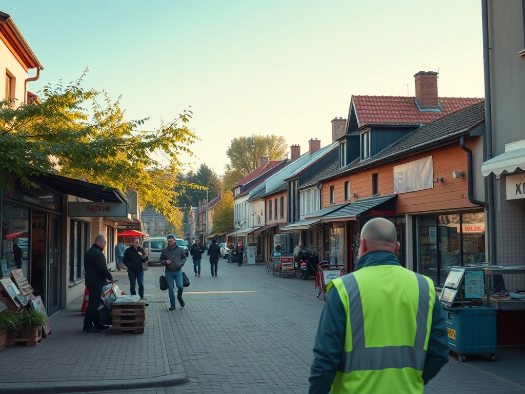 Ilustracja nowoczesnej wiaty przystankowej na tle dworca kolejowego w Lidzbarku Warmińskim, symbolizująca oferty pracy.